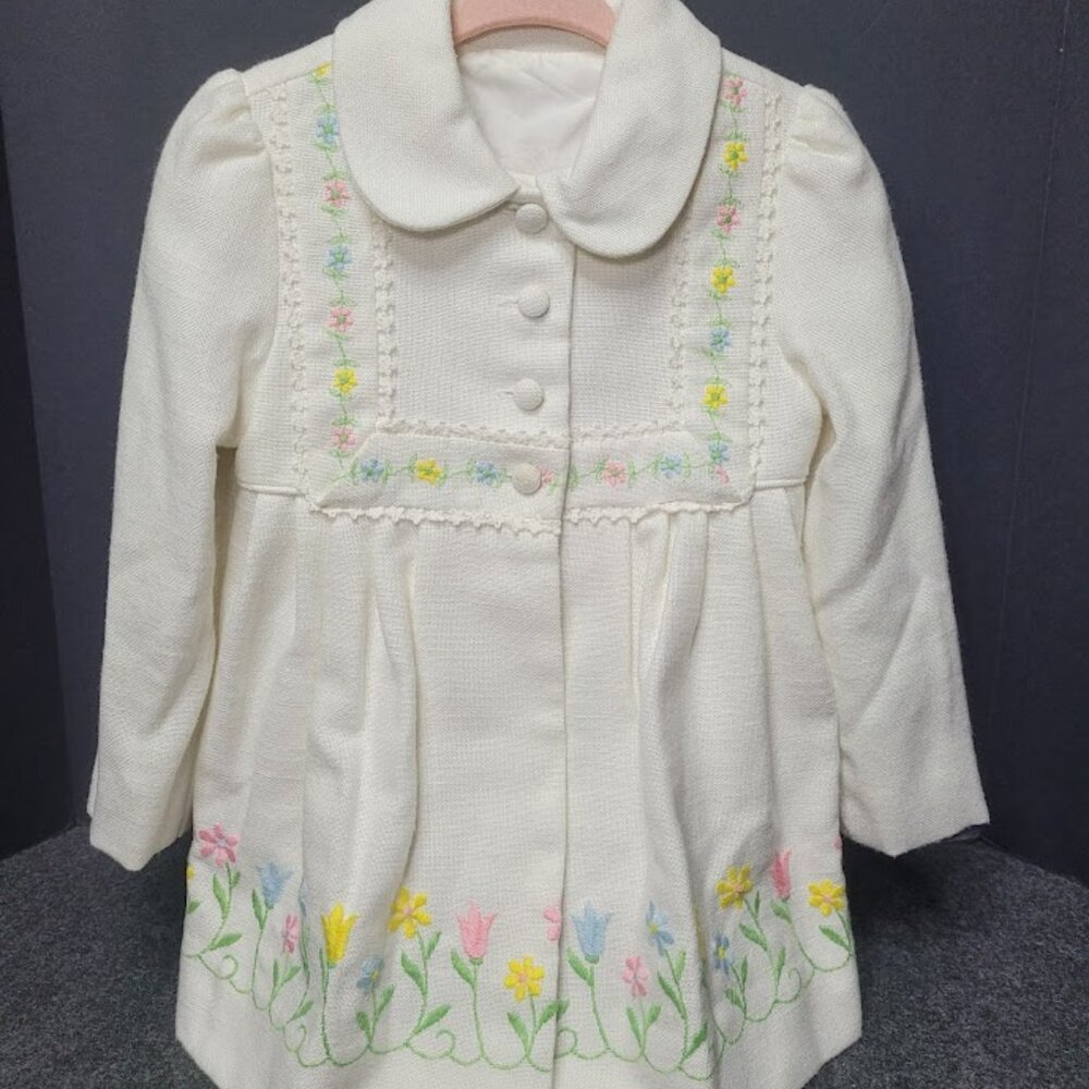 Girl's Linen Floral Embroidered Lined Coat Size 3
